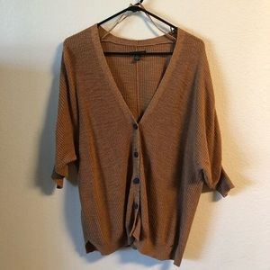 Quarter-sleeve tan cardigan: “American Eagle”